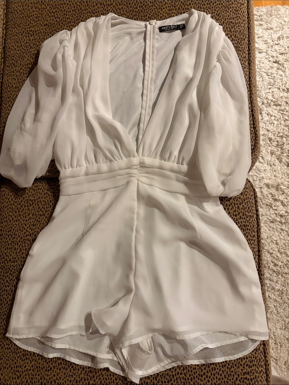 Nasty Gal White Plunge V-Neck Puff Sleeve Romper